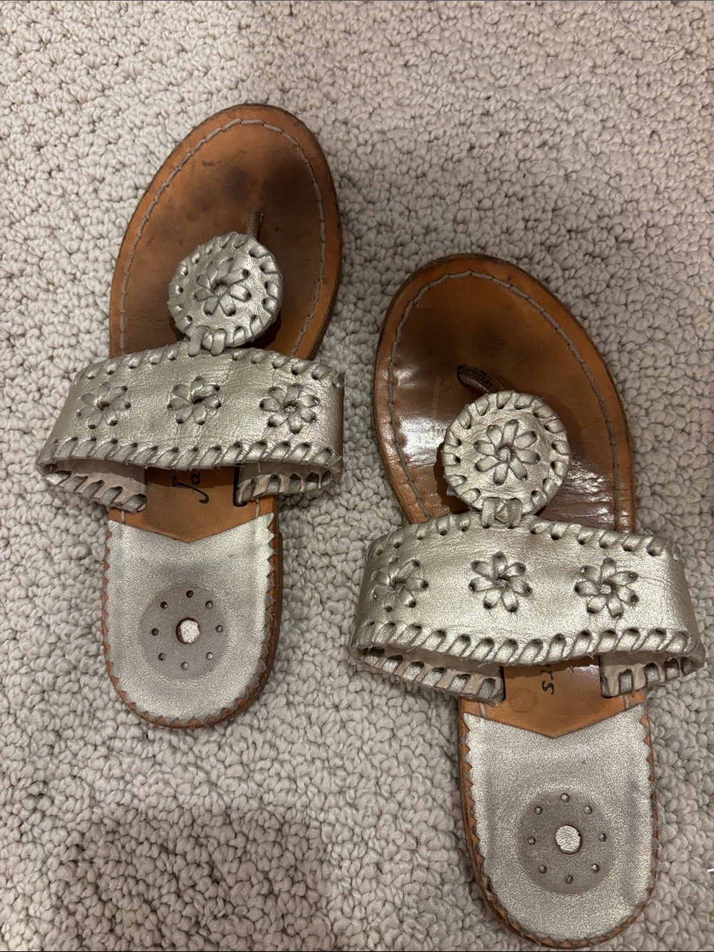 Jack Rogers Gold Floral Leather Slide Sandals - Girls